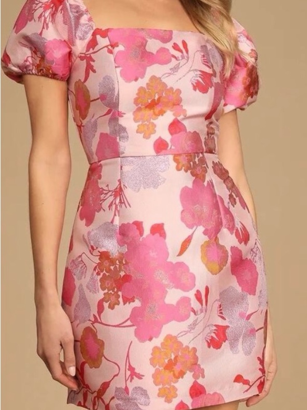 Lulus Floral Pink Puff-Sleeve Square-Neck Mini Dress XS